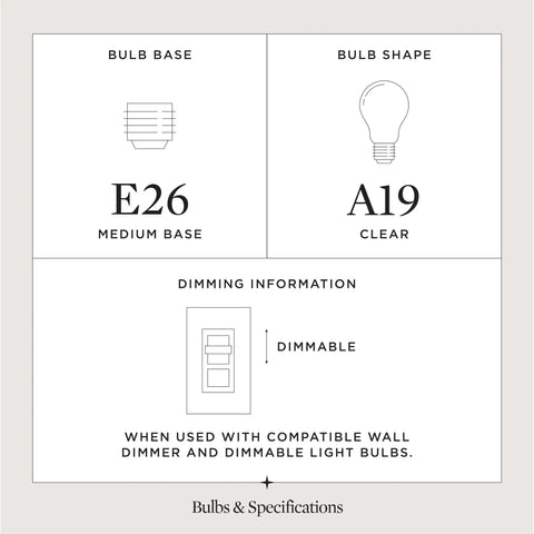 Specifications showing bulb base E26, bulb shape A19, and dimmable information for One Light Louvered Wall Sconce Light Fixture In Black Finish, Modern Design For Entryway Hallway Foyer Bedroom And Living Room, Tri Band Louvered Shade That Glows From The Top, Seven Inch Tall.