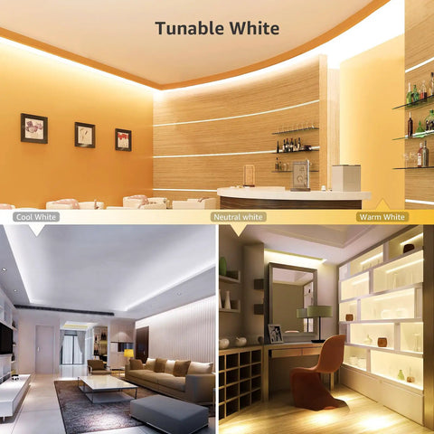 Tunable White LED Strip Light 16.4 Ft Warm To Cool White used in various home decor settings for optimal lighting ambiance.