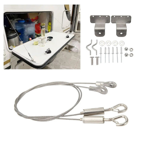 Heavy Duty Adjustable Stainless Steel Hatch Latch Lanyard Cable For RV And Yacht Doors, shown with accessories and installation view.