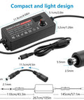 Universal Adjustable Power Supply 3.5V To 24V 3A 72W DC Adapter with LCD Display, connectors, and measurements.