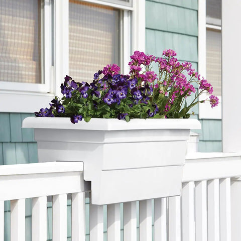 Countryside Rail Planter For 3.5 To 5.5 Inch Railings, White 24-Inch Lightweight Space-Saving Planter with flowers, installed on railing.