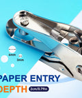 Four Piece Mini Hole Punch Kit With Comfy Soft Grip Handles 1/4 And 1/8 Inch Sizes In Solid Bright Shades showing paper entry depth measurements.