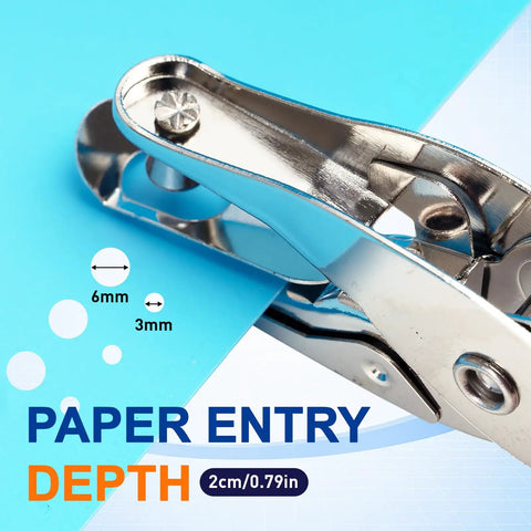 Four Piece Mini Hole Punch Kit With Comfy Soft Grip Handles 1/4 And 1/8 Inch Sizes In Solid Bright Shades showing paper entry depth measurements.