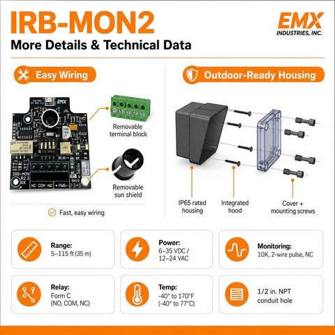 UL325 Thru-Beam Photoeye Kit For Gates And Doors With 5 To 115 Ft Range IP65 Detachable Transmitter And Receiver Four Monitoring Interfaces Including NC 10K Two-Frequency And Three-Frequency Pulse, wiring diagram
