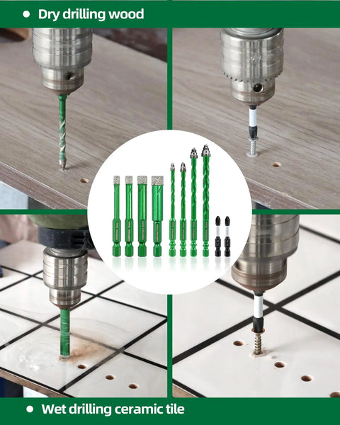 Straight Up Pro Grade 12 Piece Drill Bit Set With Quick Fit Hex Shank And Ph2 Screwdriver for dry drilling wood and wet drilling ceramic tile.
