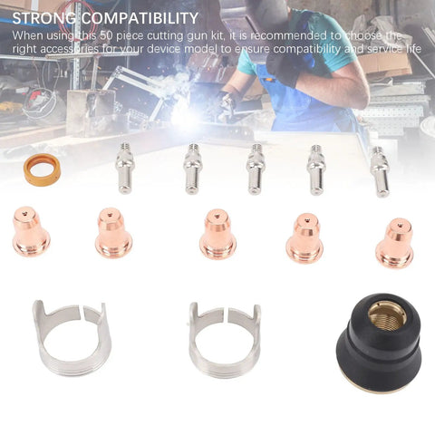 Fifty Piece IPT40 Tip Electrode Kit For Plasma Cutting Torches Compatible With CUT 55DS Pro And CUT 65DS shown with components