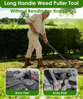 Man using Two In One Weed Puller And Garden Hoe With A 60 Inch Long Handle in a garden, reducing strain on back and knees.