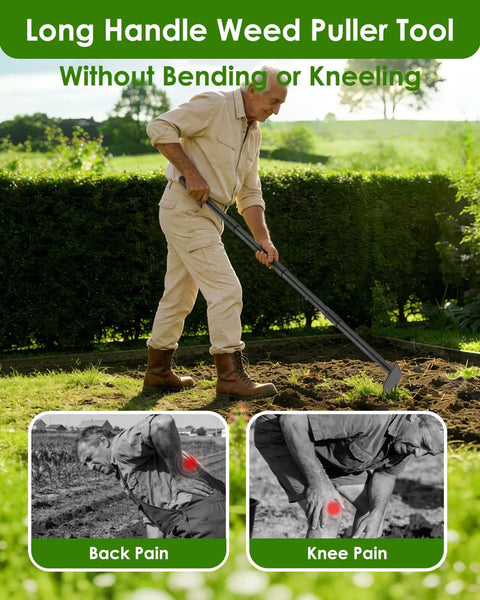Man using Two In One Weed Puller And Garden Hoe With A 60 Inch Long Handle in a garden, reducing strain on back and knees.