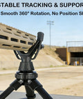 Close-up of 360 Degree Rotating V Yoke Rifle Rest for Shooting Sticks, Tripods and Monopods, demonstrating stable precision support.