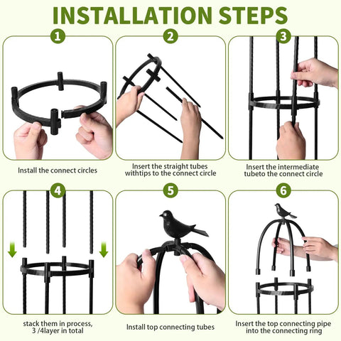 Installation steps for 6.7Ft Rustproof Garden Obelisk Trellis For Climbing Plants showing connection and assembly of parts.