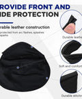 Close-up of Pro Grade All in One Welding Helmet Cover With Cotton Bib And Extended Head And Neck Protection, durable black leather.