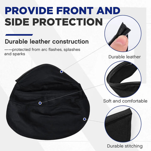 Close-up of Pro Grade All in One Welding Helmet Cover With Cotton Bib And Extended Head And Neck Protection, durable black leather.