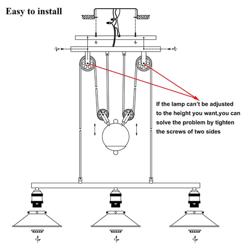 Diagram of Three Light Pulley Pendant Light For Kitchen Island And Dining Room installation and adjustment instructions.