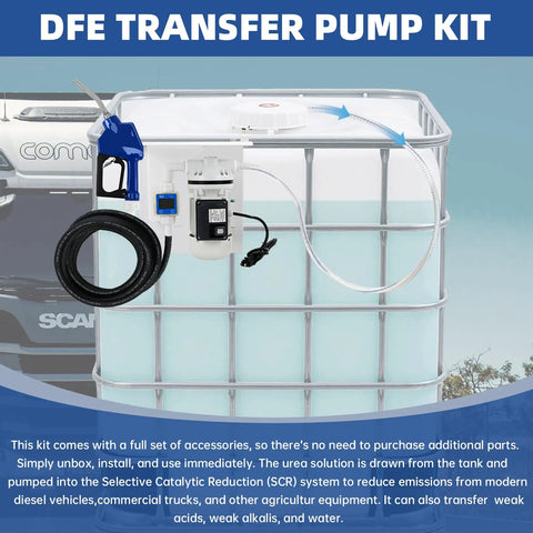 Heavy Duty DEF Transfer Pump Kit 110V 120V High Flow Self Priming Pump With US Plug for drums, shown on large tote container.