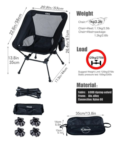 Ultralight Camping Folding Beach Chair with Anti Sinking Large Feet and Back Support Webbing, compact and sturdy design