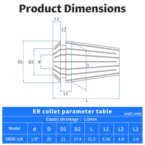 Dimensions diagram for ER20 1/8 Inch Spring Collet Chuck For CNC Engraving And Milling Machines with elastic shrinkage 1mm.
