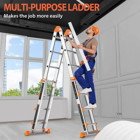 Frame Style 4 Step Extension Ladder, 11.4 Ft Telescoping Aluminum With Anti Slip Stabilizer Bar, 330 Lb Load, Multi Position Ladder For Stairs, Home, Roof, Outdoor Projects, Easy Open And Stable Setup used indoors