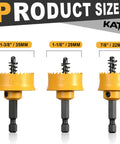 KATA hole saw set, front view: three yellow housings with black hex shanks in 1-3/8, 1-1/8, 7/8 in sizes.