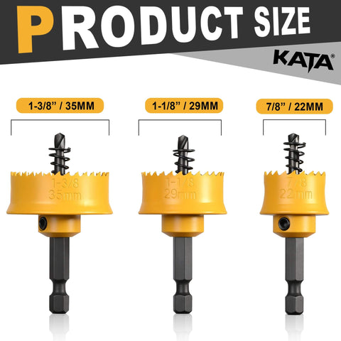 KATA hole saw set, front view: three yellow housings with black hex shanks in 1-3/8, 1-1/8, 7/8 in sizes.