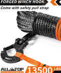 Beefed-Up Synthetic Winch Rope With Hook And Isolator One Quarter Inch By Fifty Feet 9500 Lbs Break Strength UHMWPE Cable Replacement Kit Forged Hook Rubber Stopper And Safety Pull Strap