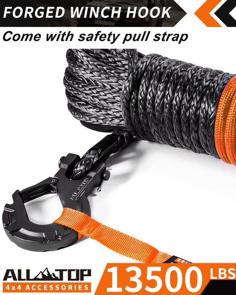 Beefed-Up Synthetic Winch Rope With Hook And Isolator One Quarter Inch By Fifty Feet 9500 Lbs Break Strength UHMWPE Cable Replacement Kit Forged Hook Rubber Stopper And Safety Pull Strap