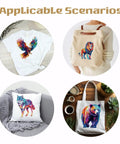 Colorful Animal Iron On Transfers Set 10 Heat Transfer Stickers on shirts, bags, and pillows with lion, eagle, wolf, and bear designs.
