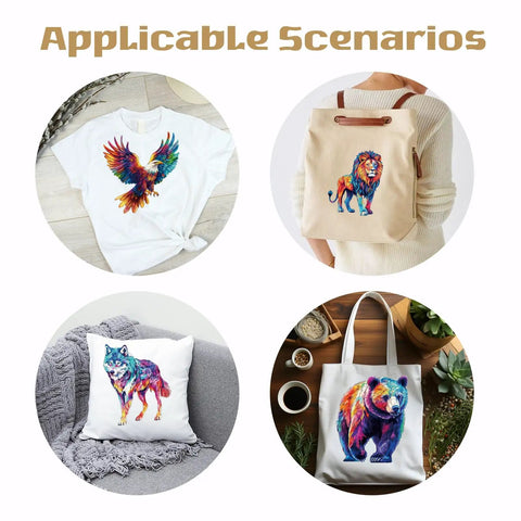Colorful Animal Iron On Transfers Set 10 Heat Transfer Stickers on shirts, bags, and pillows with lion, eagle, wolf, and bear designs.