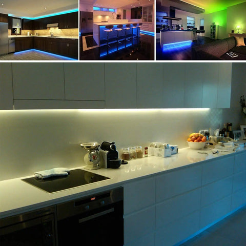 USB LED Strip Lights With 24 Keys Remote 5050 RGB Color Changing for kitchen and room lighting under cabinets.