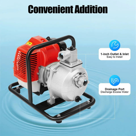 Top Shelf Gas Powered Water Pump With Smooth Quick Pull Start And Serious Flow Power For Backyard Cleanup Pool Draining And Yard Irrigation Includes Free Oil Funnel Filter Kit with 1-inch outlet and inlet.