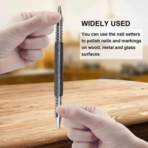 Person holding Dual Head Nail Setter Set With Spring Loaded, Hammerless Design, 3/32 Inch And 1/8 Inch Tips, 3500 PSI Striking Force