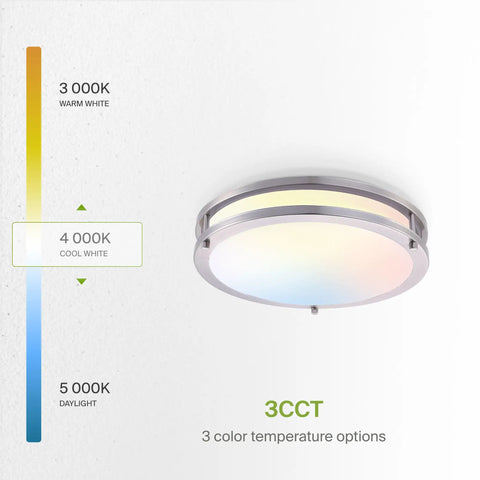 Lit Round 16 Inch LED Flush Mount Ceiling Light With 3CCT Dimmable Brightness showing color temperature options