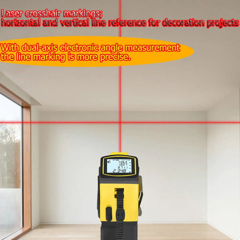 4-In-1 Laser Tape Measure With 5m Tape And 100m Laser Rangefinder, Crosshair Markings, Dual-Axis Level, Backlit LCD, Tripod Mount Ready, Great For Pros And DIY Projects in room