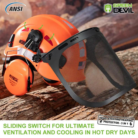 3 In 1 Arborist Safety Helmet With Mesh Face Shield And Removable Ear Muffs For Chainsaw Work, Adjustable ABS Hard Hat