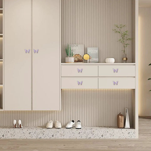 Butterfly Cabinet Knobs Set For Cabinets And Drawers With Single Hole Pulls Enamel Crystal Edge Zinc Alloy Hardware In Purple 6 Pack on beige wardrobe and drawers