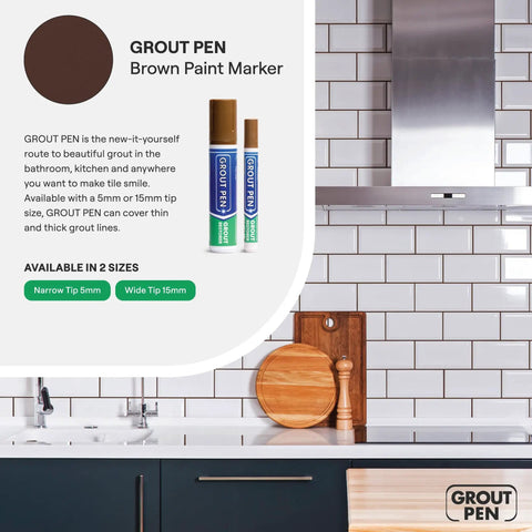 Brown Grout Pen Tile Paint Marker Waterproof Grout Colorant and Sealer Pen displayed on white tile kitchen background.