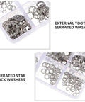 Serrated Lock Washer Set 400 Stainless Steel Internal And External Tooth Washers In A Durable Plastic Case, corrosion resistant