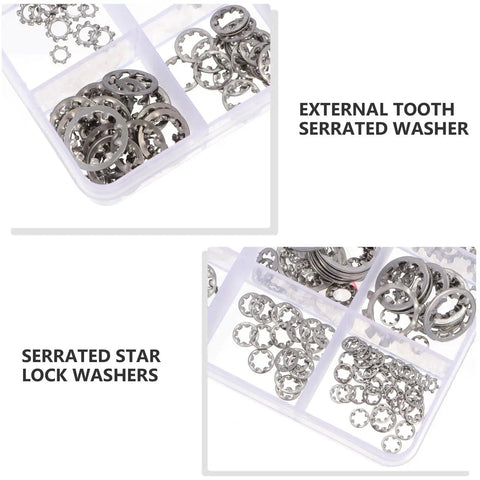 External Tooth Serrated Washers Set In Stainless Steel 400 Pcs With Corrosion Resistance in plastic case