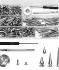 100 Piece Zinc Alloy Spikes And Studs Kit With Screw Back Rivets In Assorted Silver Metallic Finishes For Leather Crafting and embellishments.