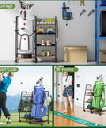 Golf Bag Storage Cart With Wheels Organizer For A Single Golf Bag And Gear Ideal For Home Garage Club Shed Or Basement Sturdy Wood And Metal Construction Includes Shelves Ball Rack And Retractable Strap shown in use in garage, golf club, home settings.