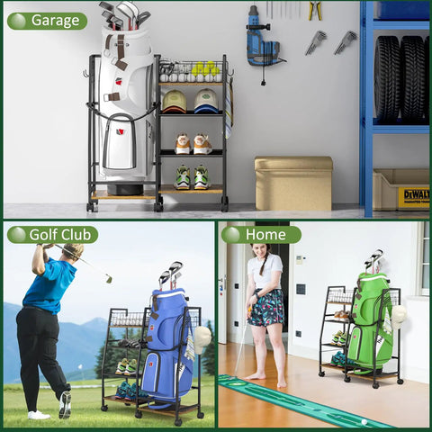 Golf Bag Storage Cart With Wheels Organizer For A Single Golf Bag And Gear Ideal For Home Garage Club Shed Or Basement Sturdy Wood And Metal Construction Includes Shelves Ball Rack And Retractable Strap shown in use in garage, golf club, home settings.