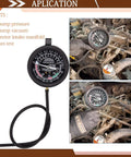 VECKYJL vacuum gauge tester kit; black dial gauge with rubber hose, automotive diagnostic tool, front view