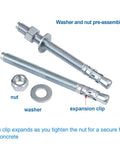 1/2 Inch By 5-1/2 Inch Wedge Anchors Zinc Plated Heavy Duty Fasteners For Concrete, showing assembled washer, nut, and expansion clip.