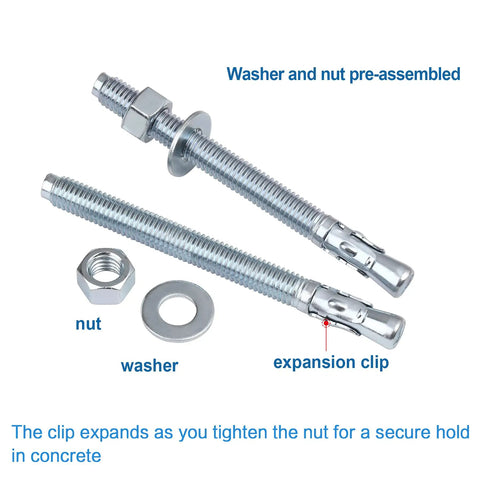 1/2 Inch By 5-1/2 Inch Wedge Anchors Zinc Plated Heavy Duty Fasteners For Concrete, showing assembled washer, nut, and expansion clip.
