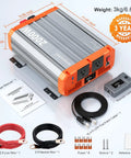 2000W True Sine Wave Inverter For 12V To 110 And 120V Off Grid Power RV Ready With accessories and dimensions shown