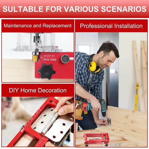 Pro Grade Aluminum Door Hinge Jig With Scale for Router Templates shown in various installation scenarios