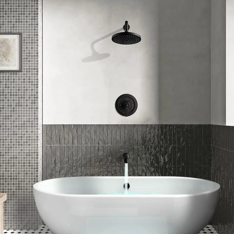 Black Dual Function Shower Faucet Set With Tub Spout And Valve Included 8 Inch Rain Shower Head Rainfall System Wall Mounted Shower Trim Kit