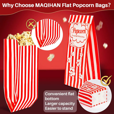 Flat Bottom Popcorn Bags 50 Pack With Individual Servings For Movie Night, Parties, Carnivals, And Halloween, red design shown