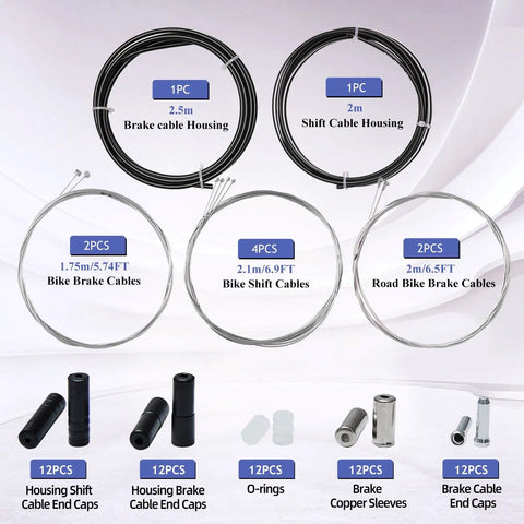 Universal Bike Brake Cable Kit With Housing And Shifter Cables, 70-piece set including cables, housings, and accessories displayed
