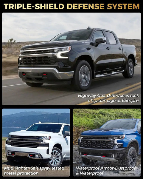 Chevy Silverado 1500 with Tow Hook Covers For Chevy Silverado 1500 2007 To 2025 Custom Front Accessories, showcasing triple-shield defense