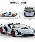 Light blue 1:16 scale Lamborghini RC car with measurements, product size labeled, part of Officially Licensed Lamborghini Remote Control Car One Six Scale Lambo Toy Car With LED Lights 2.4GHz RC Car For Adults And Kids Fast 12 Kilometers Per Hour Gift Idea.